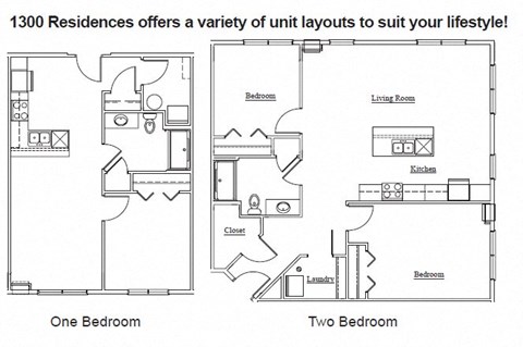 Floor plan for 2 beds, 1 bath, 1065 sqft